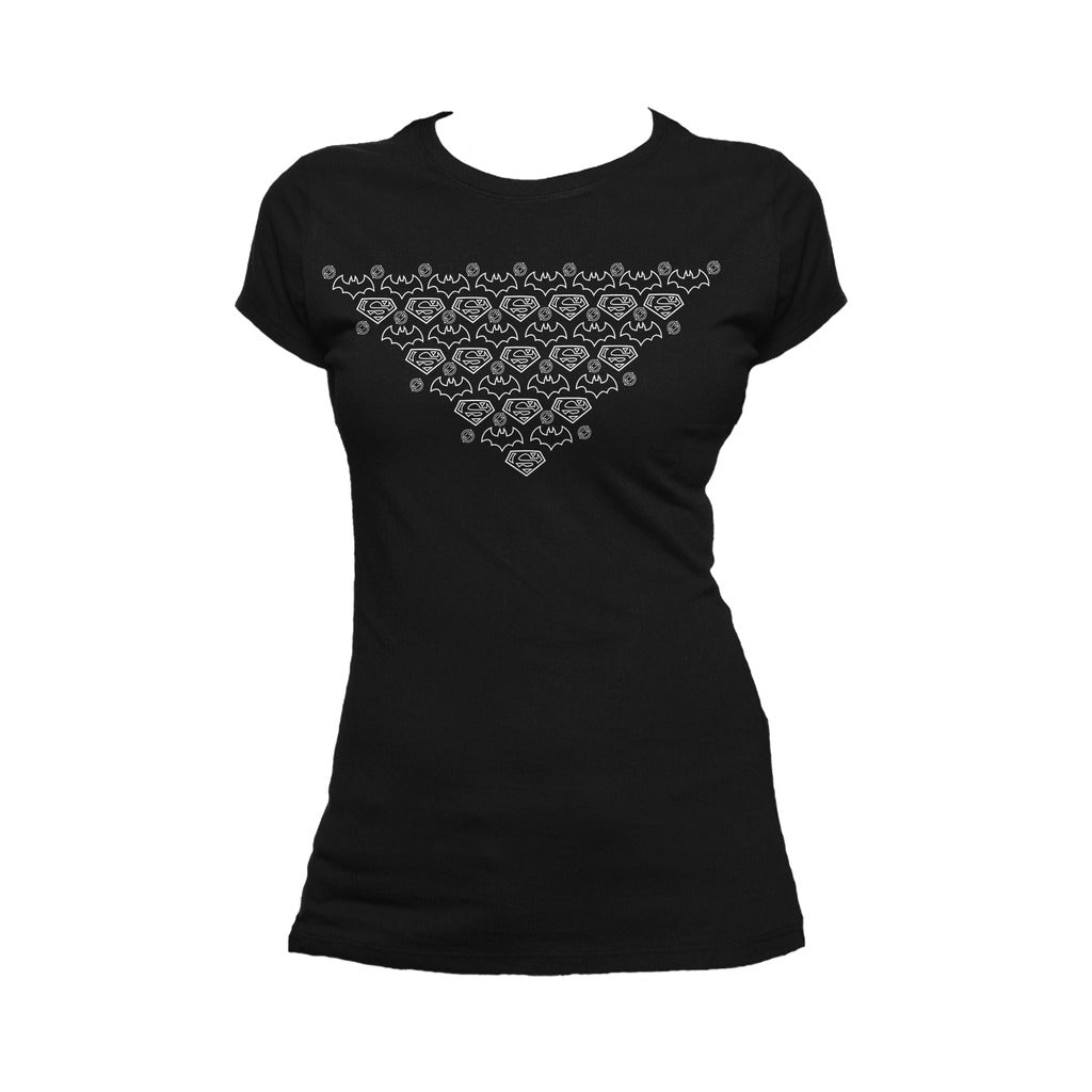 DC Comics Justice League Xmas Pattern Triangle Official Women's T-shirt Black - Urban Species