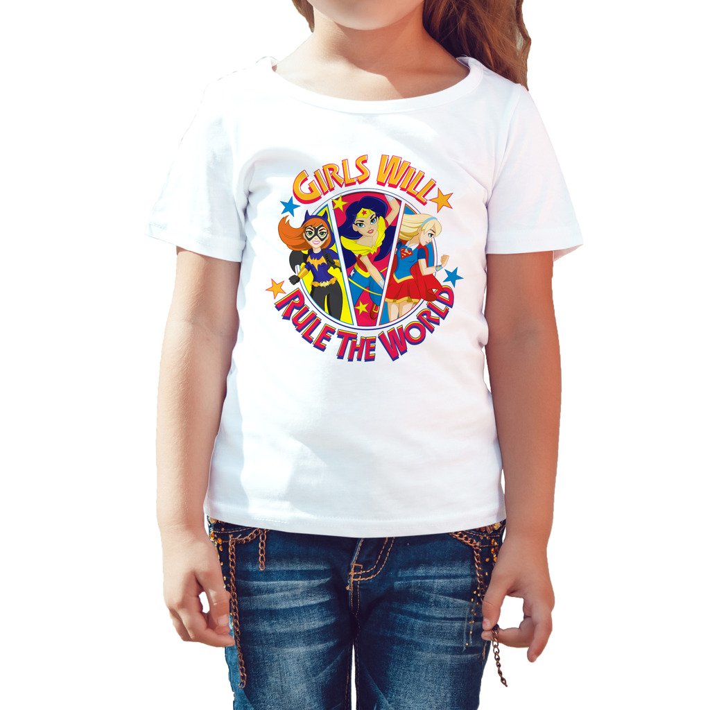 Super Hero Girls Batgirl Wonder Woman Supergirl Rule The World Profile Official Kids T-Shirt (White) - Urban Species Kids Short Sleeved T-Shirt