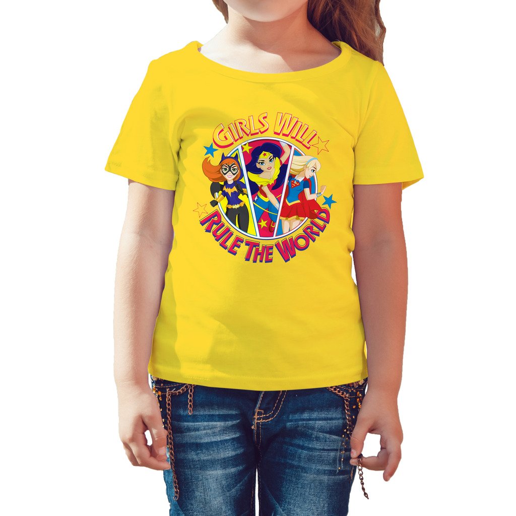 Super Hero Girls Batgirl Wonder Woman Supergirl Rule The World Official Kid's T-Shirt (Yellow) - Urban Species Kids Short Sleeved T-Shirt