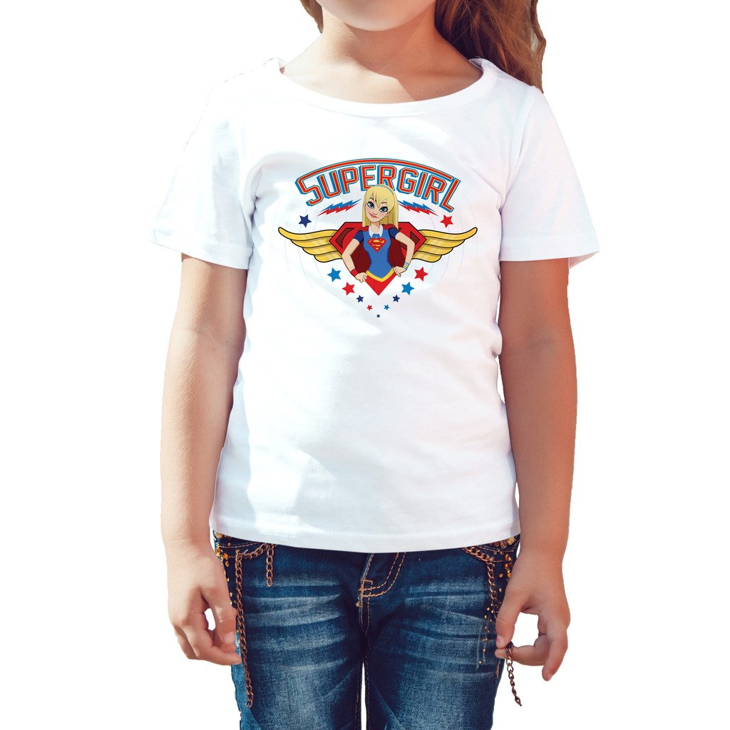 DC Comics Super Hero Girls Supergirl Logo Hips Framed Official Kid's T-Shirt (White) - Urban Species Kids Short Sleeved T-Shirt