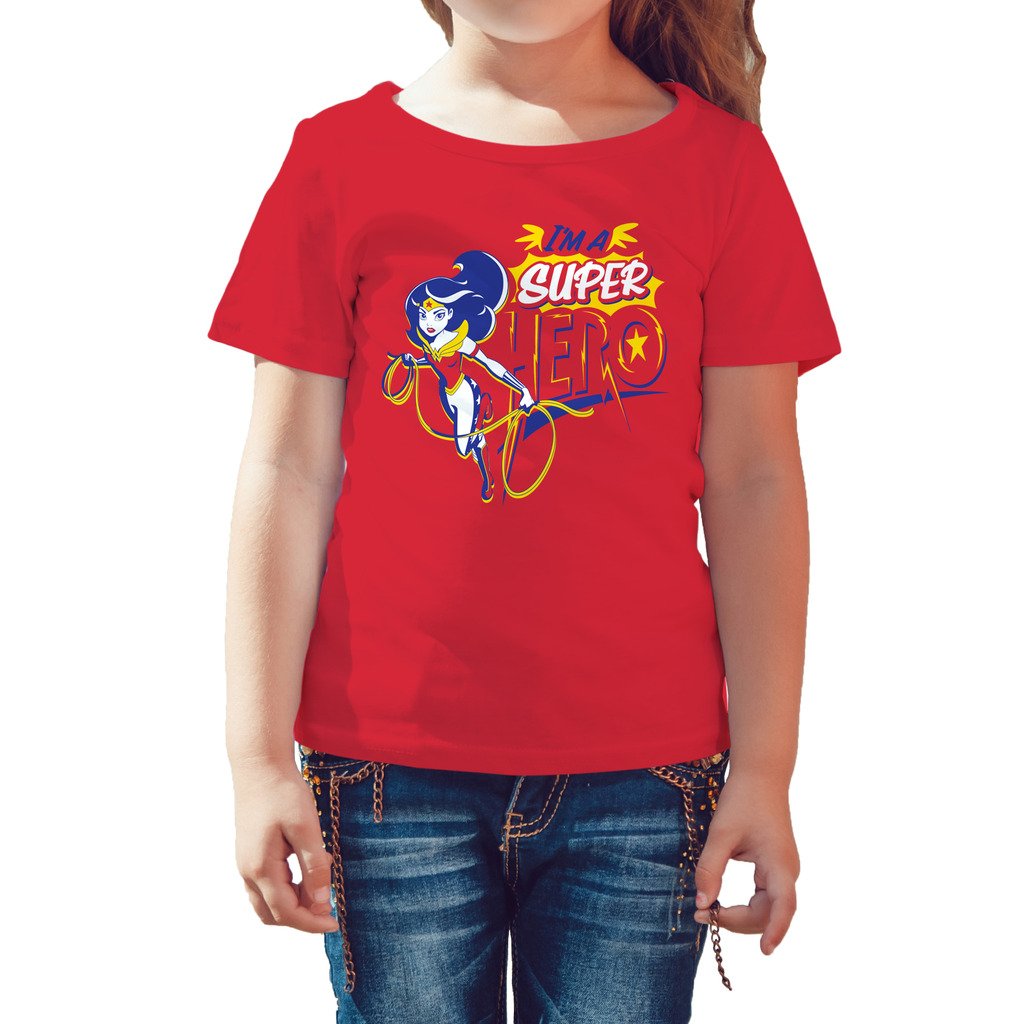 DC Comics Super Hero Girls Wonder Woman Text Super Hero Official Kid's T-Shirt (Red) - Urban Species Kids Short Sleeved T-Shirt