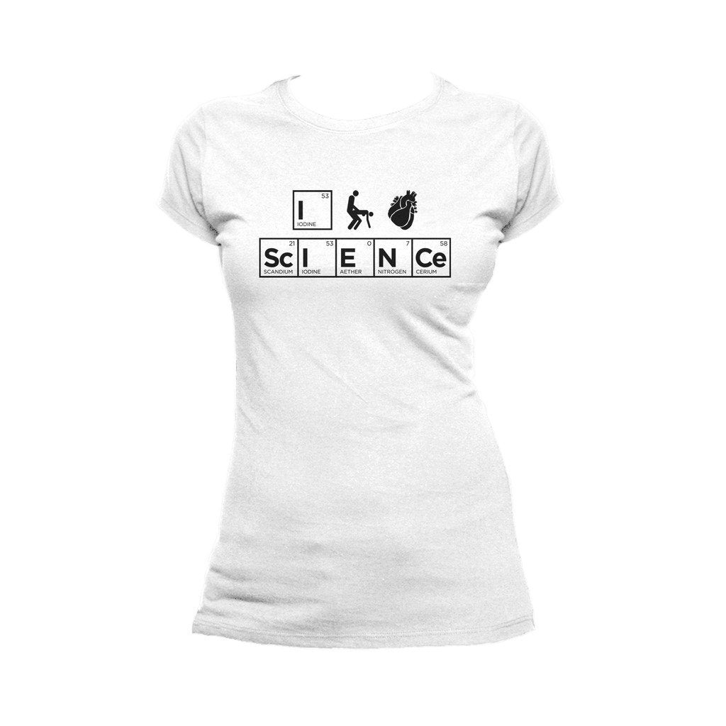 I Love Science I (Stick Figure Anatomical Heart) Science Official Women's T-shirt (White) - Urban Species Ladies Short Sleeved T-Shirt