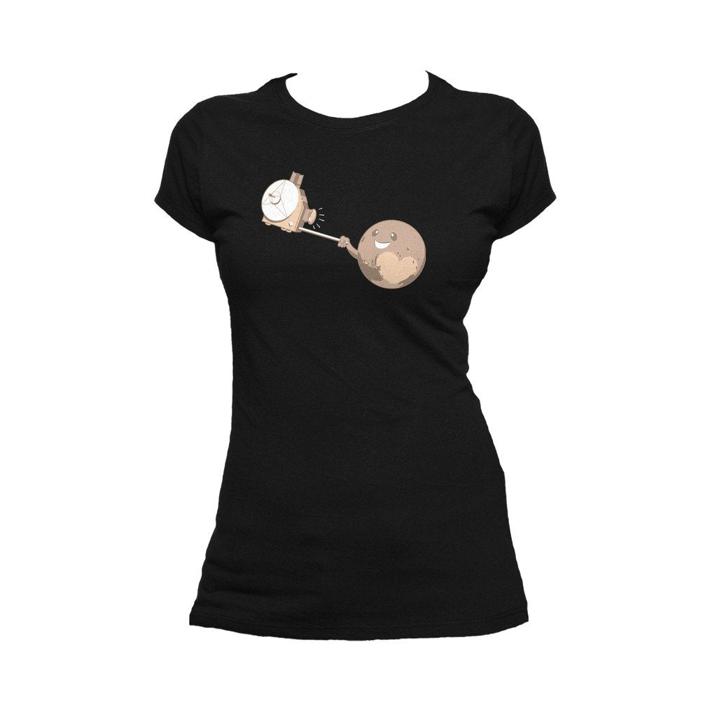I Love Science Pluto Selfie Official Women's T-shirt (Black) - Urban Species Ladies Short Sleeved T-Shirt