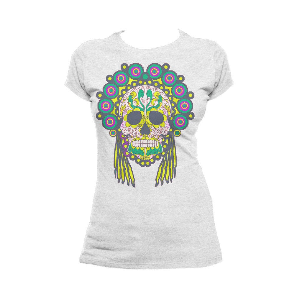 Sugar Skull Head Dress Skull Women's T-shirt (Heather Grey) - Urban Species Ladies Short Sleeved T-Shirt