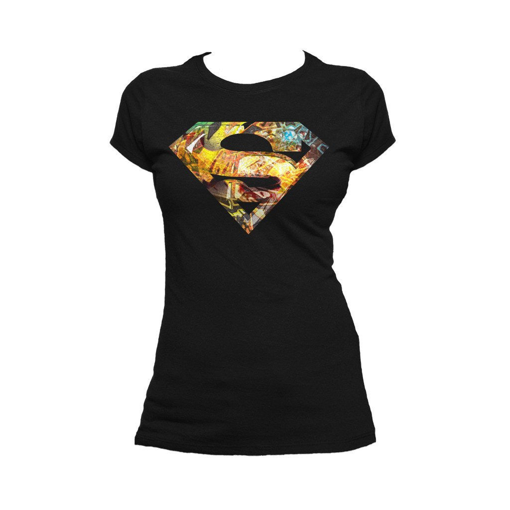 DC Comics Superman Logo Mural Official Women's T-shirt (Black) - Urban Species Ladies Short Sleeved T-Shirt