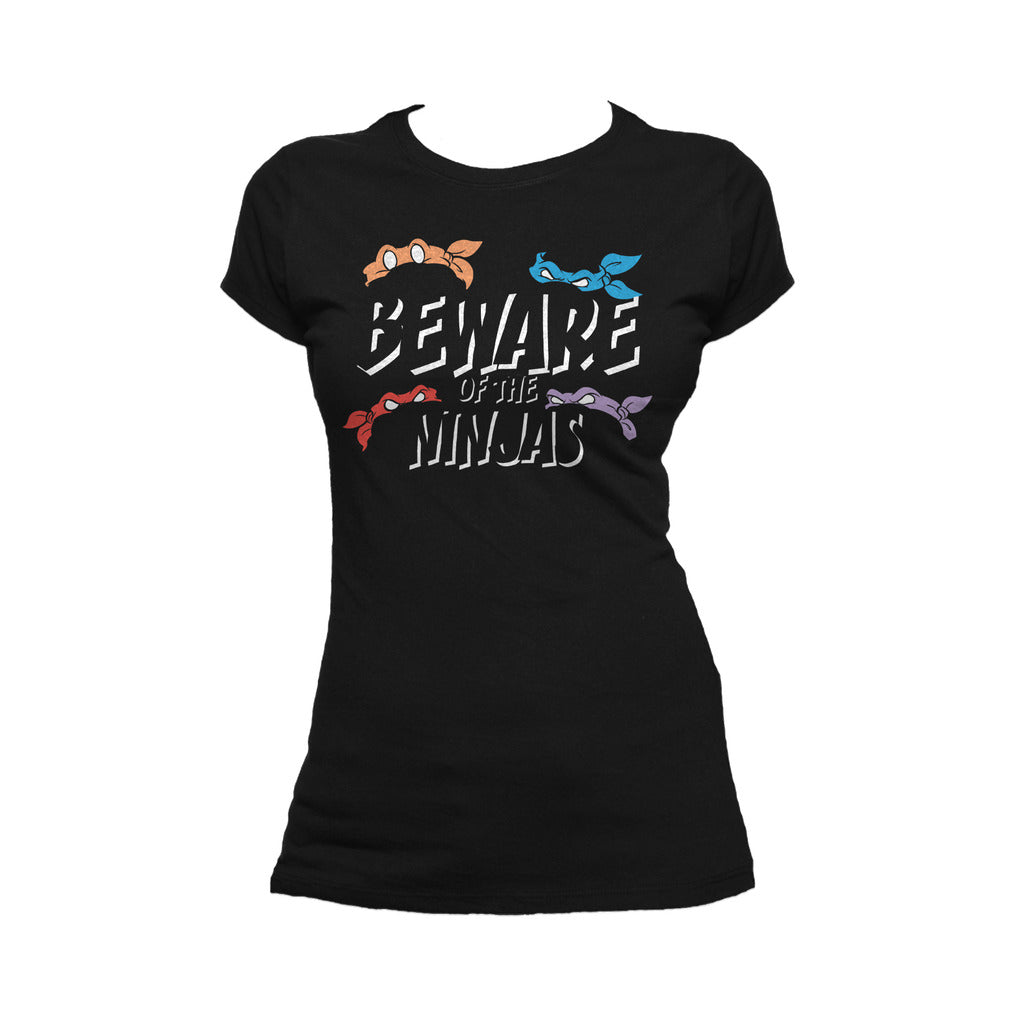 TMNT Group Beware of Ninjas Official Women's T-shirt (Black) - Urban Species Ladies Short Sleeved T-Shirt