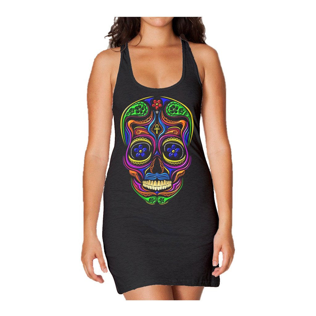 Sugar Skull Mexican Skull Women's Long Tank Dress (Black) - Urban Species Ladies Long Tank Dress