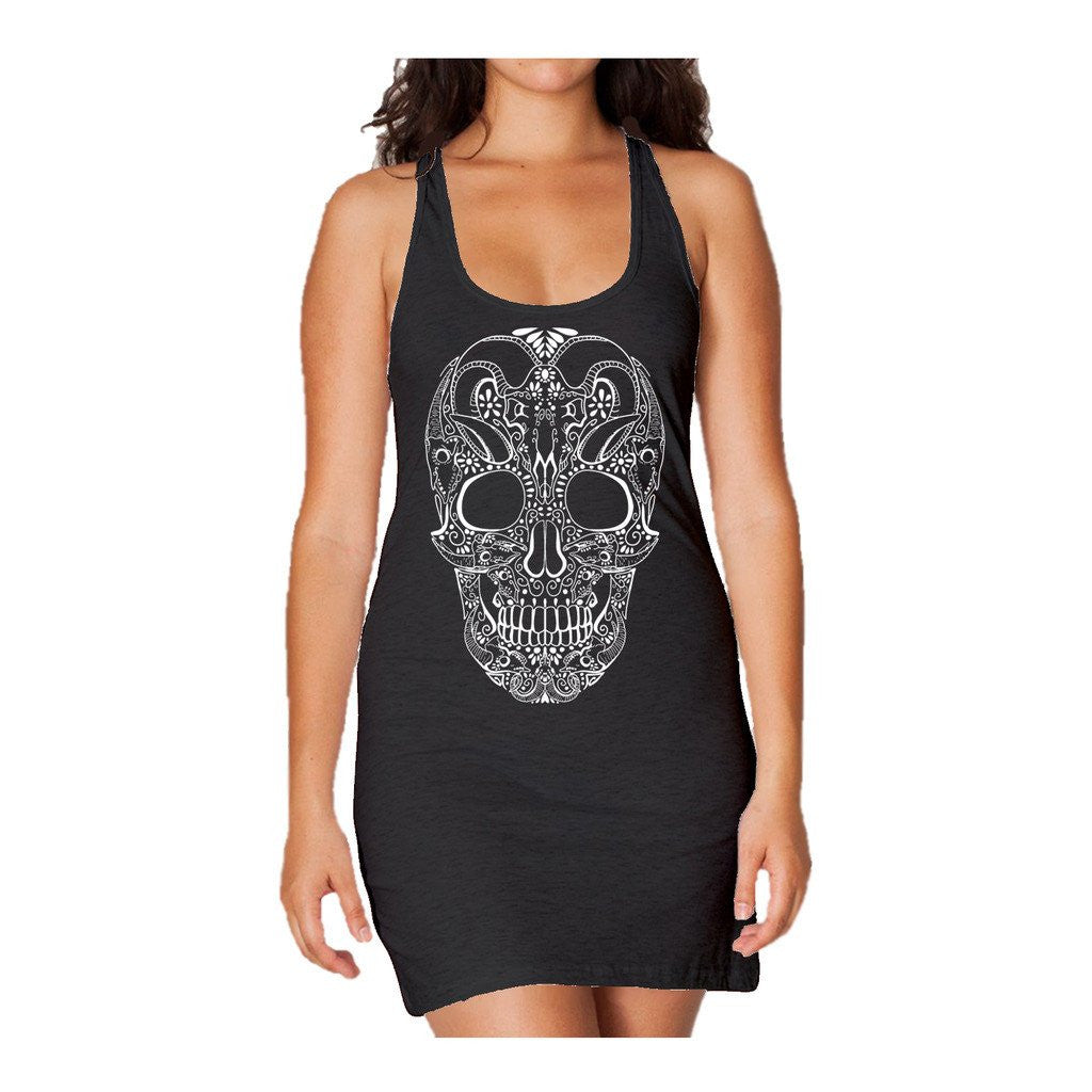 Sugar Skull Tattoo Skull Women's Long Tank Dress (Black) - Urban Species Ladies Long Tank Dress