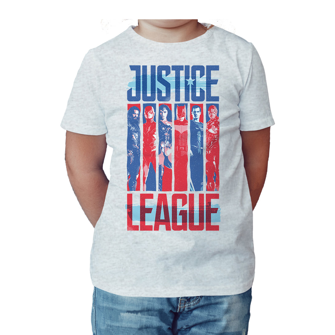 DC Justice League Team Stripe Official Kid's T-Shirt (Heather Grey) - Urban Species Kids Short Sleeved T-Shirt