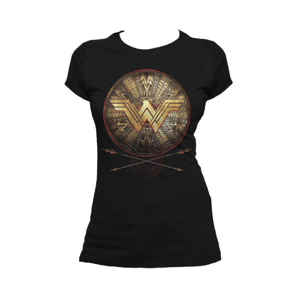 DC Wonder Woman Logo 3D Shield Official Women's T-shirt (Black) - Urban Species Ladies Short Sleeved T-Shirt