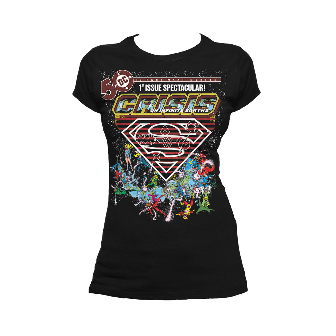 DC Comics Crisis Logo Justice League Official Women's T-shirt Black - Urban Species