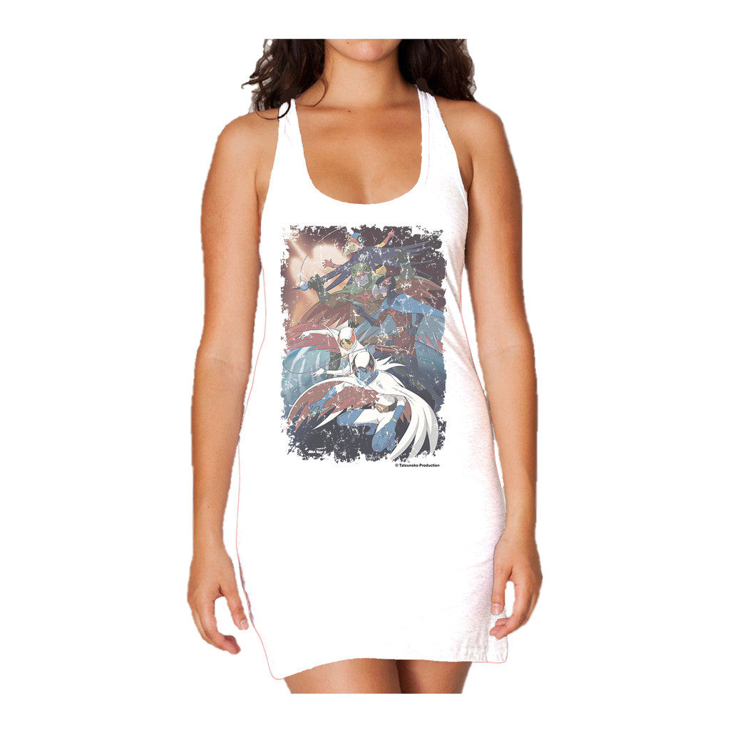 Gatchaman Planet Poster Distressed Official Women's Long Tank Dress (White) - Urban Species Ladies Long Tank Dress