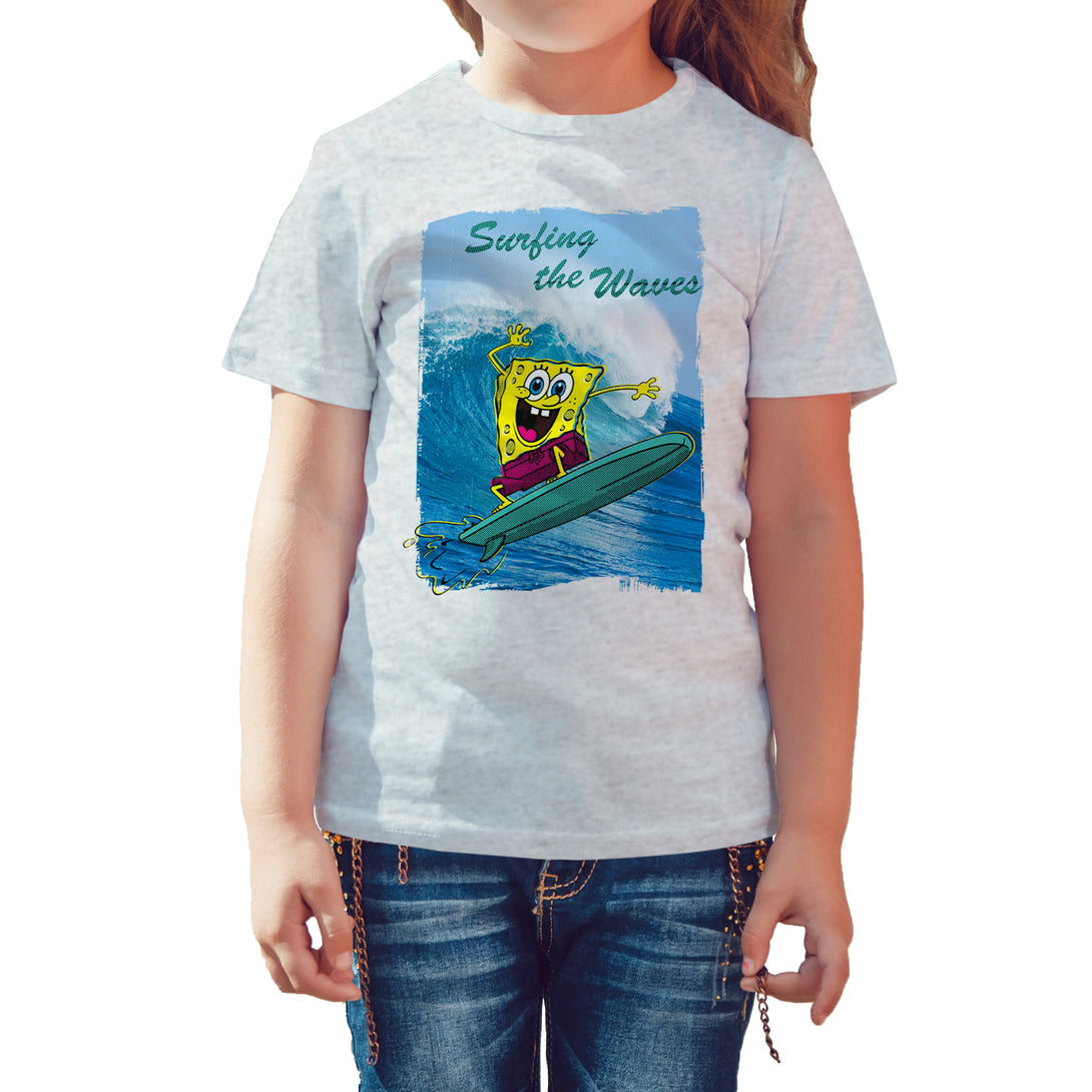 SpongeBob SquarePants Surfing Official Kid's T-Shirt (Heather Grey) - Urban Species Kids Short Sleeved T-Shirt