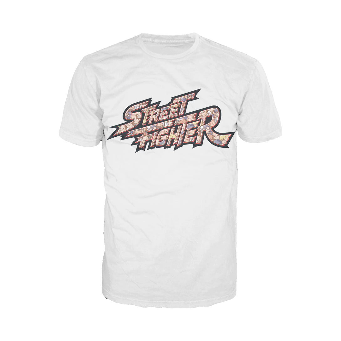 Street Fighter Logo Pattern Chibi Official Men's T-Shirt (White) - Urban Species Mens Short Sleeved T-Shirt