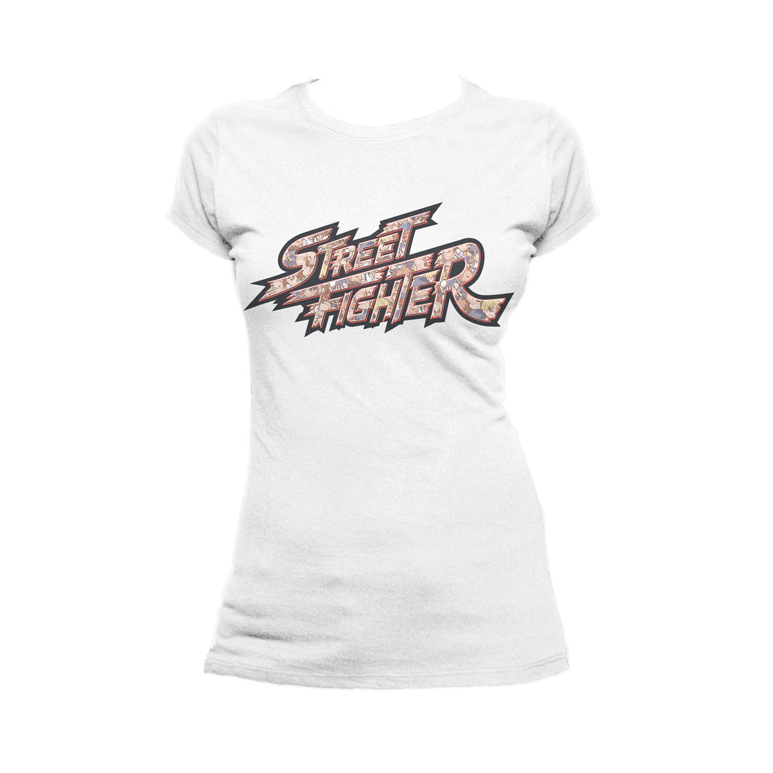 Street Fighter Logo Pattern Chibi Official Women's T-Shirt (White) - Urban Species Ladies Short Sleeved T-Shirt