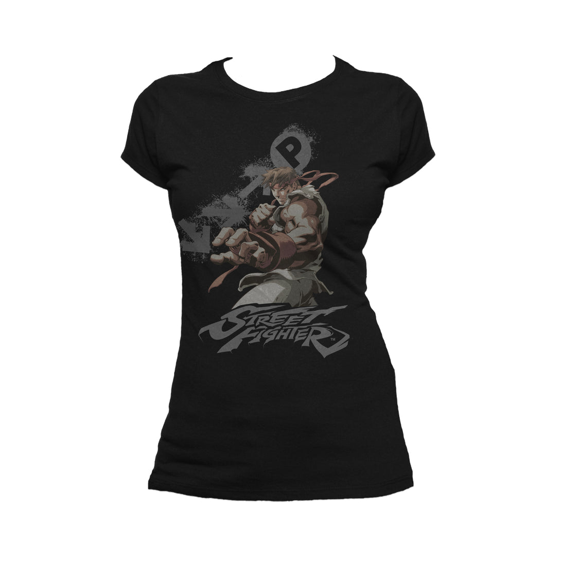 Street Fighter Ryu Portrait Fireball Official Women's T-shirt (Black) - Urban Species Ladies Short Sleeved T-Shirt