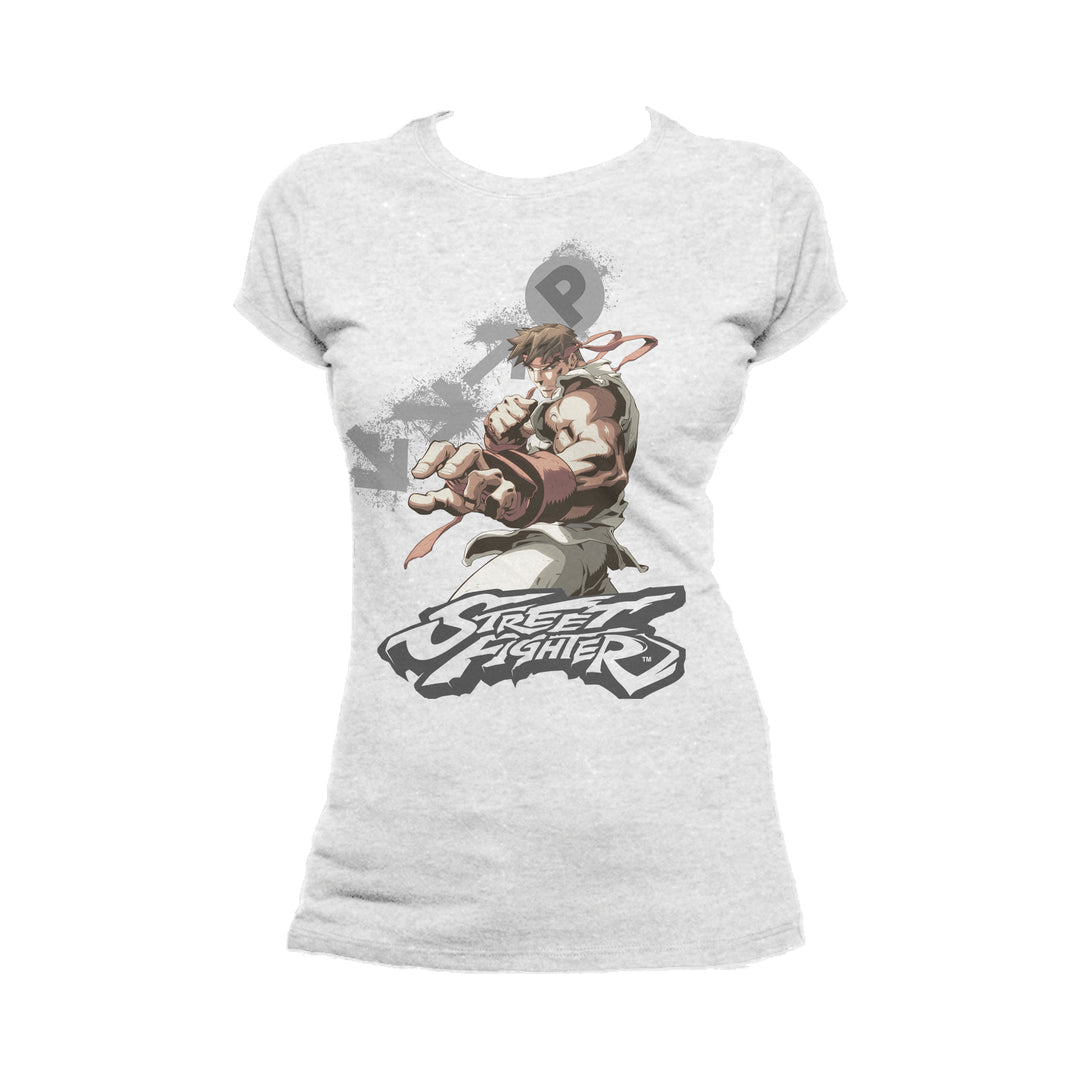 Street Fighter Ryu Portrait Fireball Official Women's T-shirt (Heather Grey) - Urban Species Ladies Short Sleeved T-Shirt
