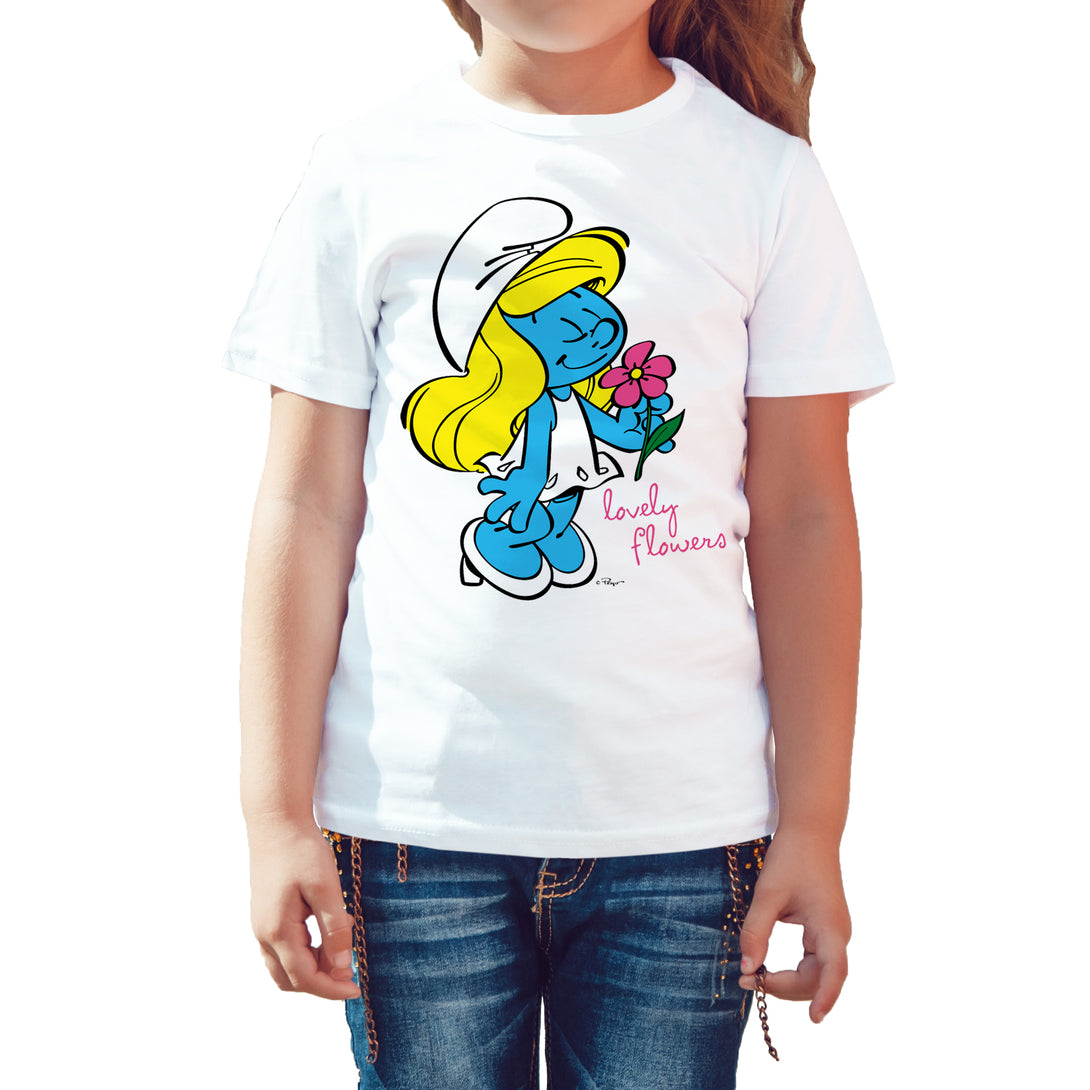 The Smurfs Smurfette Flowers Official Kid's T-Shirt (White) - Urban Species Kids Short Sleeved T-Shirt