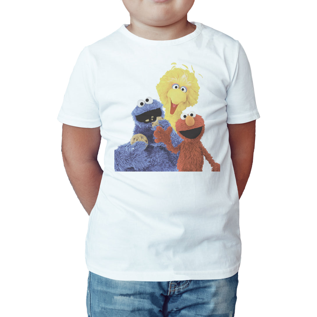 Sesame Street Group Bird Bird Cookie Monster & Elmo Official Kid's T-shirt (White) - Urban Species Kids Short Sleeved T-Shirt