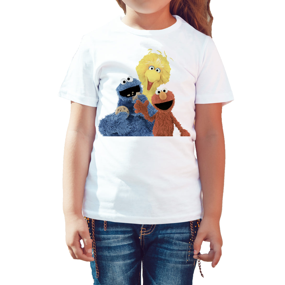 Sesame Street Group Bird Bird Cookie Monster & Elmo Official Kid's T-shirt (White) - Urban Species Kids Short Sleeved T-Shirt