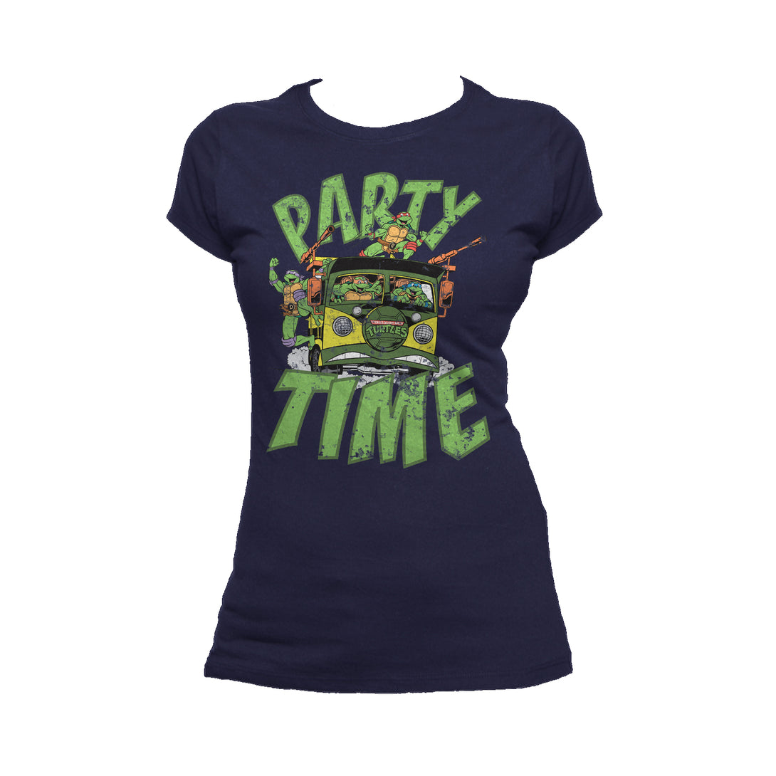 TMNT Gang Retro Party Wagon Official Women's T-Shirt (Navy) - Urban Species Ladies Short Sleeved T-Shirt