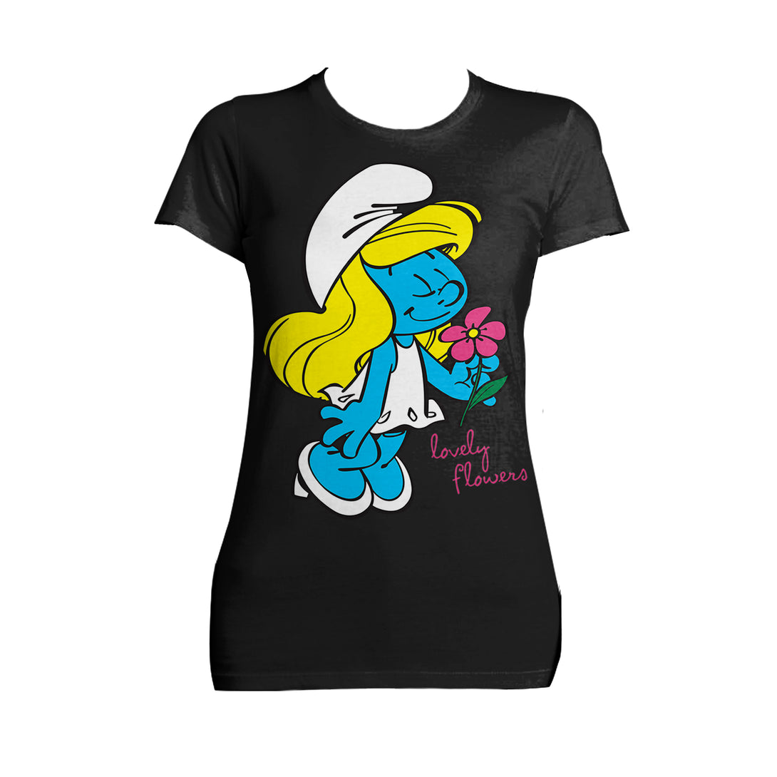The Smurfs Smurfette Character Flowers Official Women's T-shirt (Black) - Urban Species Ladies Short Sleeved T-Shirt