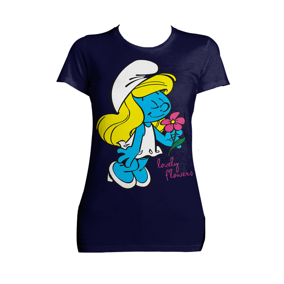 The Smurfs Smurfette Character Flowers Official Women's T-shirt (Navy) - Urban Species Ladies Short Sleeved T-Shirt